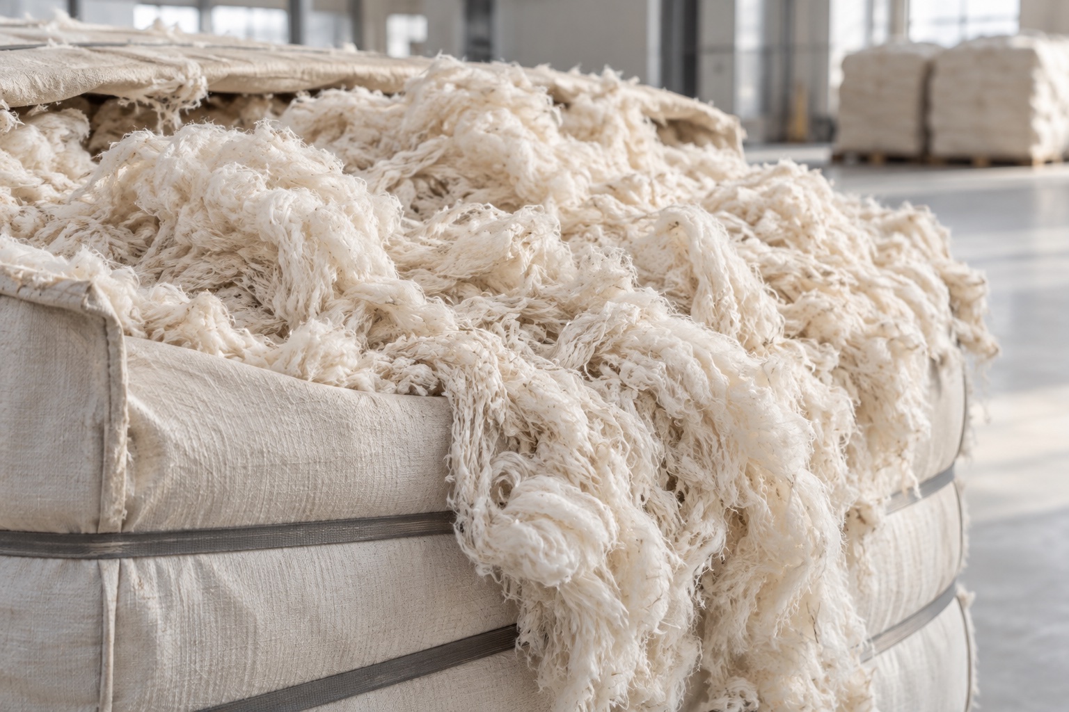 Detailed cotton spinning waste in a compressed bale